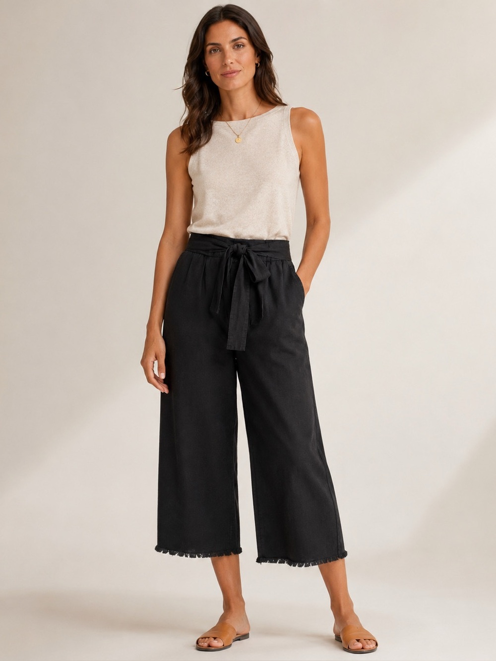 Bella Dahl Belted High Waist wide Frayed Crop Tencel Pant Night Shade Sz S